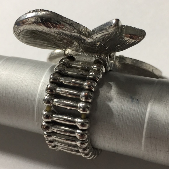 Vintage Bow Ribbon Rhinestone Stretchable Silver Tone Ring - Picture 8 of 8